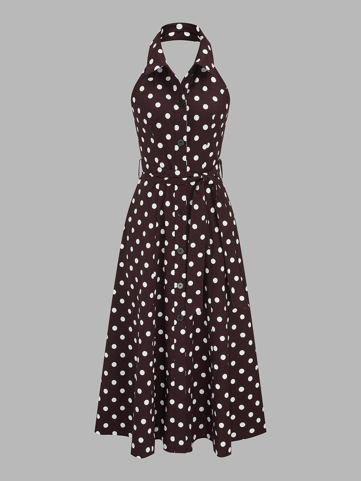 Polka dot halter belted cotton linen midi dress - Brown