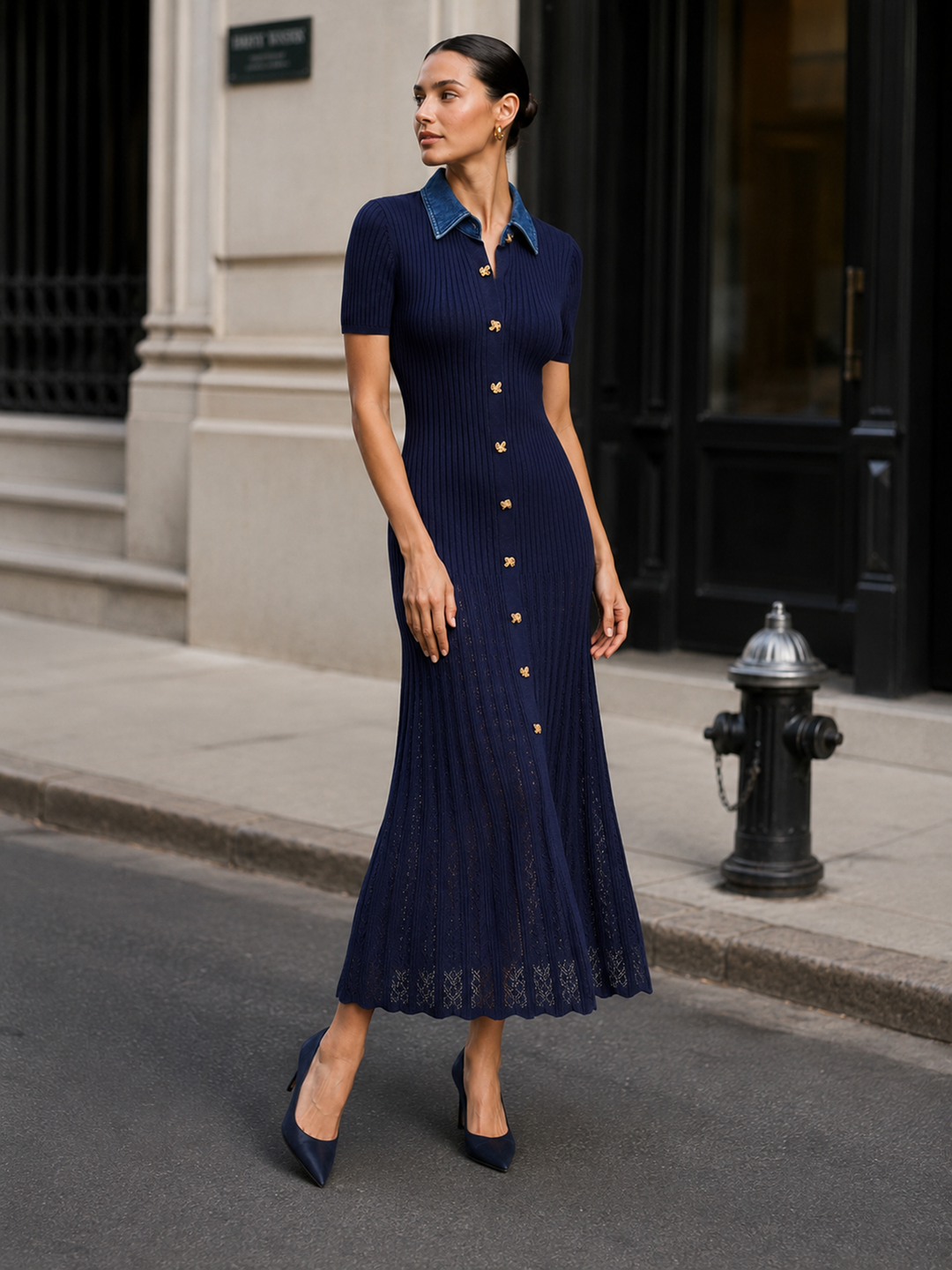 Denim collar ribbed knit maxi dress - Navy