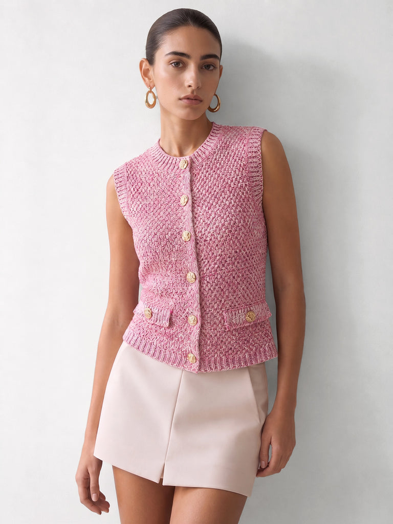 Metal Button Mix Yarn Knit Cardigan | COMMENSE