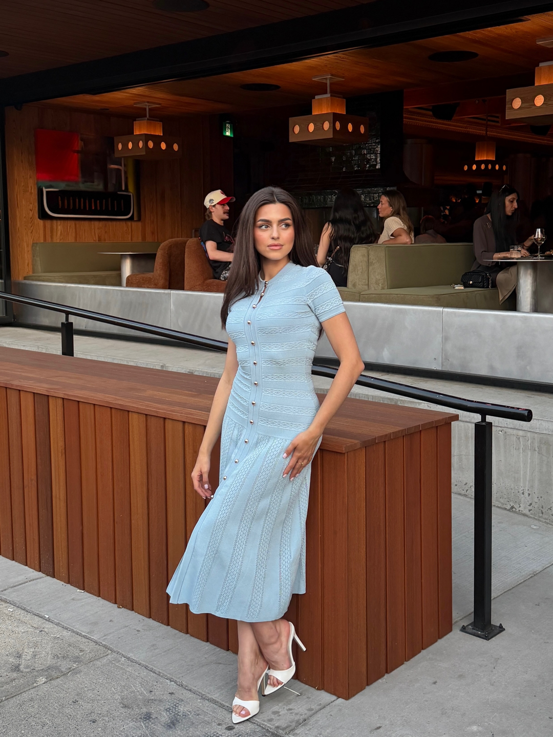 Short sleeve textured knit midi dress - Aqua