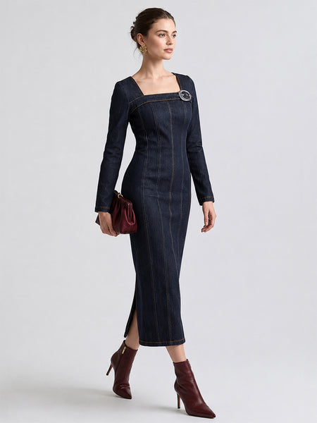 Square Neck Buckle Denim Bodycon Midi Dress