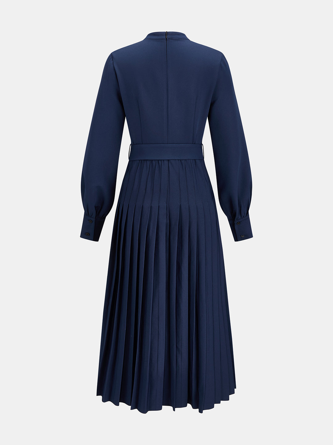 Belted Pleated Stand‑Collar Midi Dress