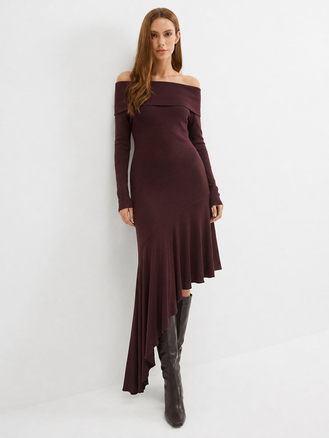 Off-Shoulder Asymmetrical Hem Maxi Dress
