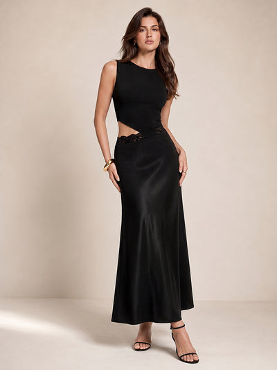 Lace Trim Cutout Satin Maxi Dress