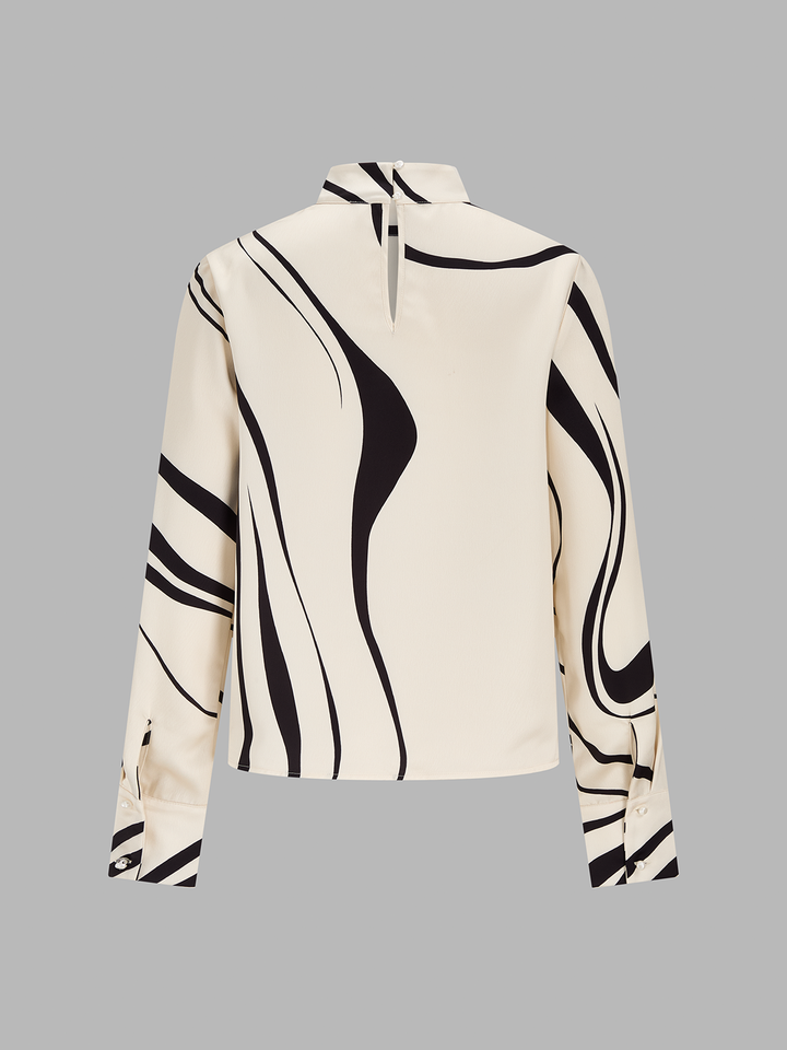 Abstract Wave Print Mock Neck Blouse | COMMENSE