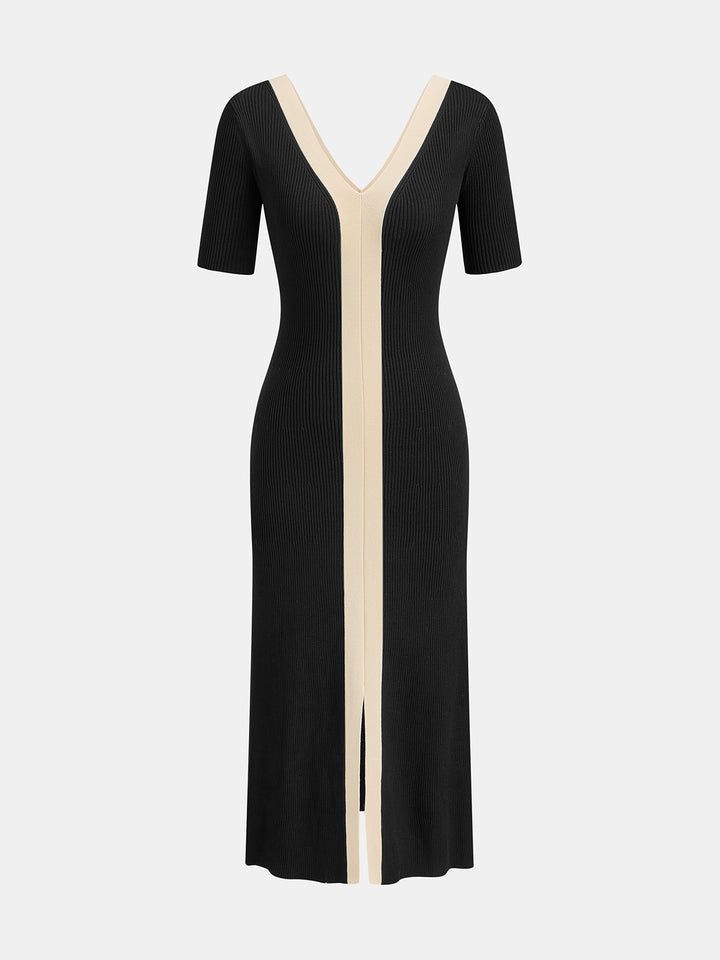 Two Tone V-Neck Knit Slit Midi Dress | COMMENSE