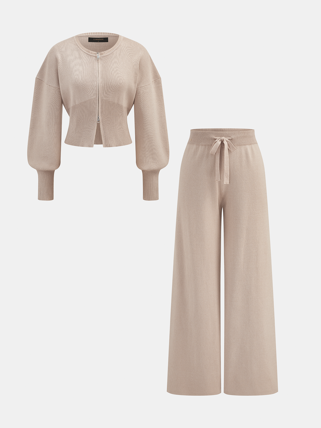 Balloon‑Sleeve Zip‑Up Knit Co‑ord Set | COMMENSE