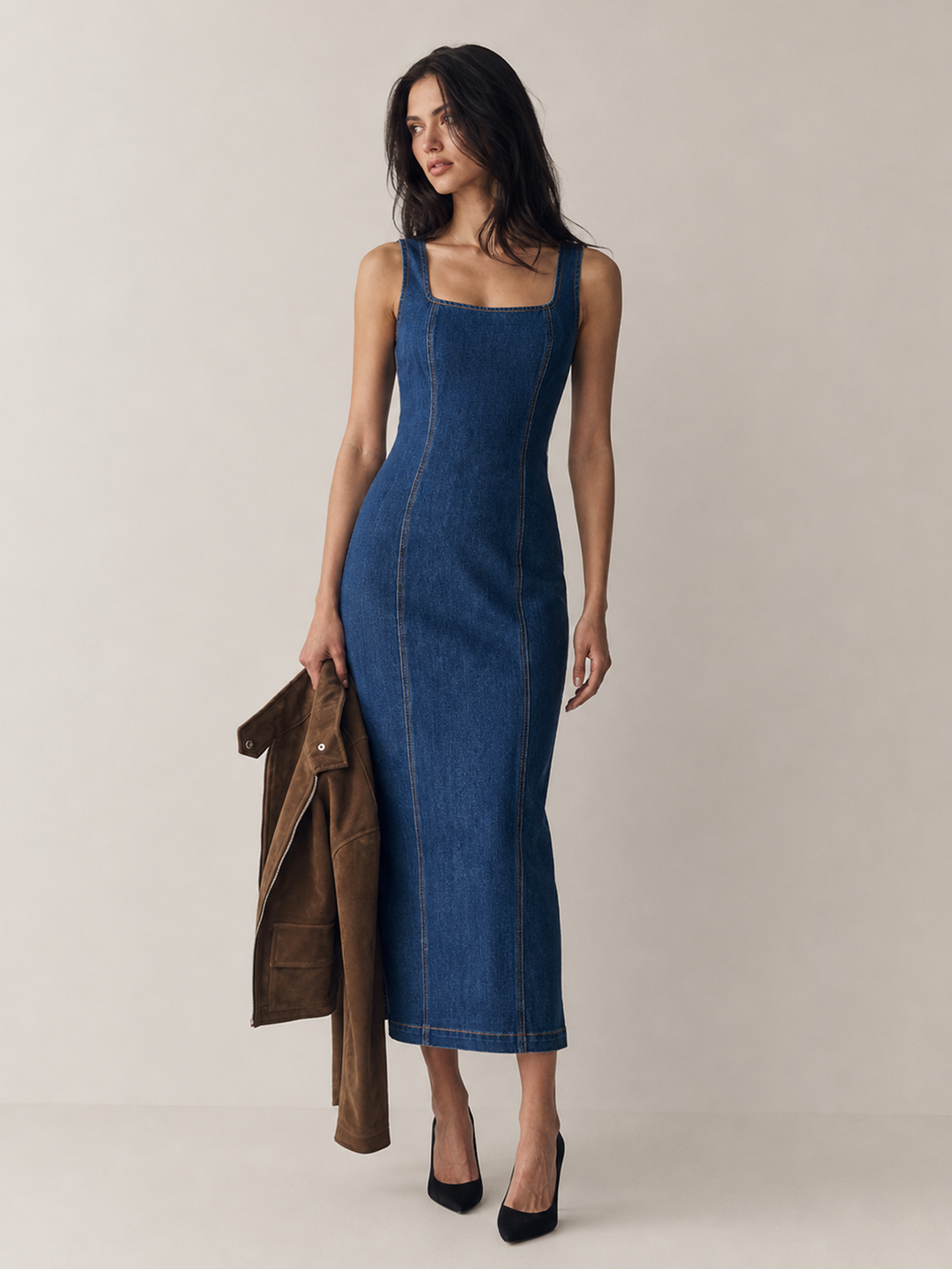 denim bodycon dress Square Neck Seamed Flat Back Rib Sleeveless _okendo:syndication_key:CL135753002 Plain Tank High Stretch Lace Tie:Traditional Lace Tie