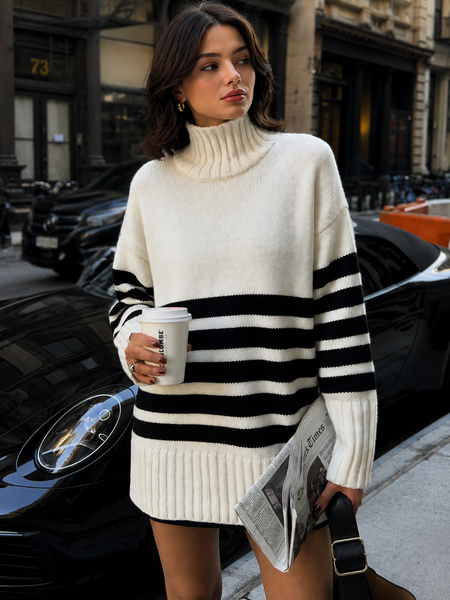 Miss Paris Mock Neck Stripe Sweater | COMMENSE