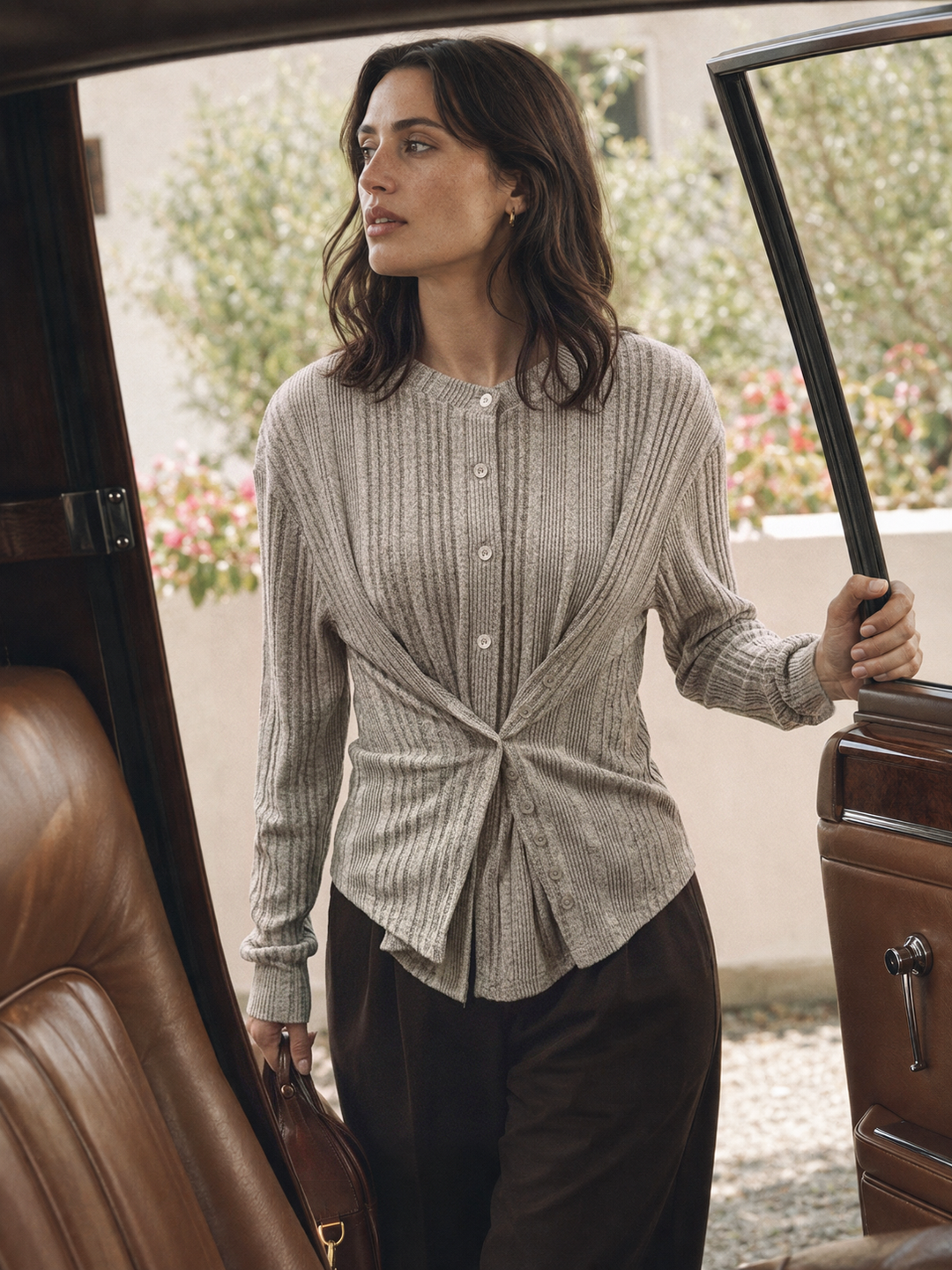 Cross‑Over Front Buttoned Rib Knit Blouse | COMMENSE