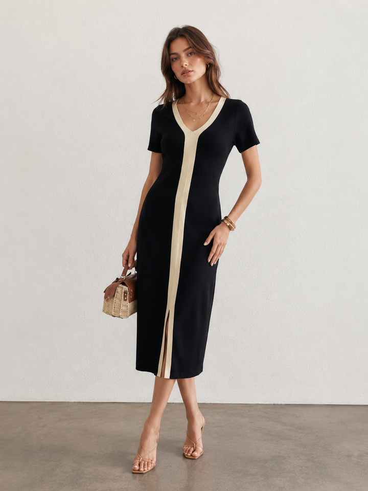 Two Tone V-Neck Knit Slit Midi Dress | COMMENSE