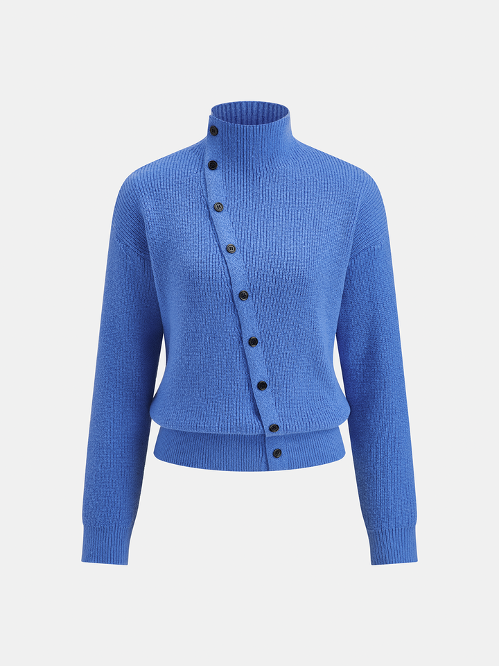 Diagonal‑Button Stand Collar Knit Cardigan | COMMENSE