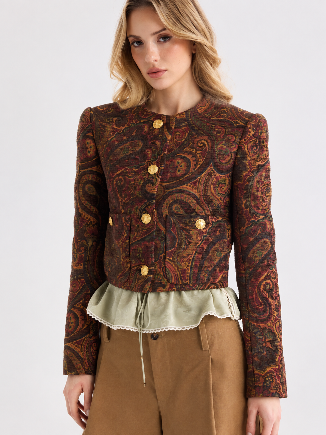 Paisley Jacquard Metal Button Cropped Jacket | COMMENSE