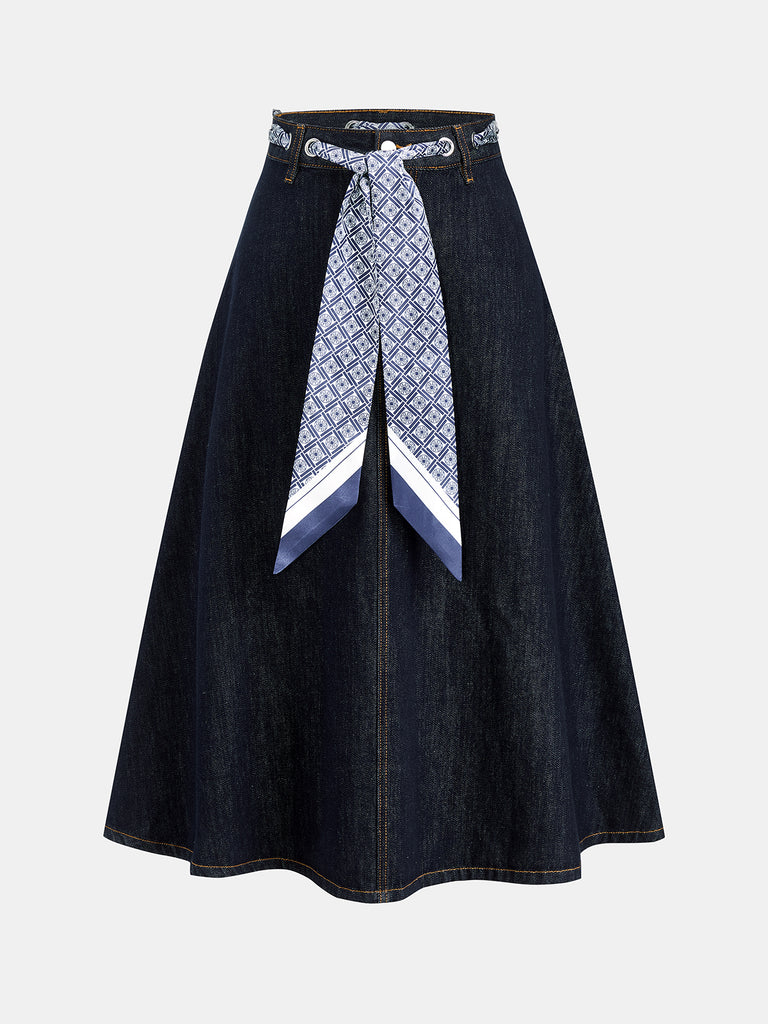 Printed Scarf‑Tie Denim Midi Skirt | COMMENSE