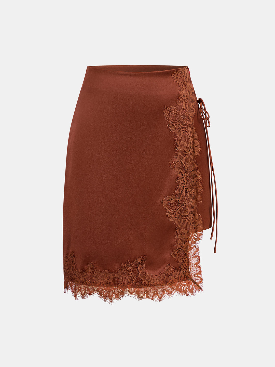 Lace Trim Tie Side Satin Midi Skirt | COMMENSE