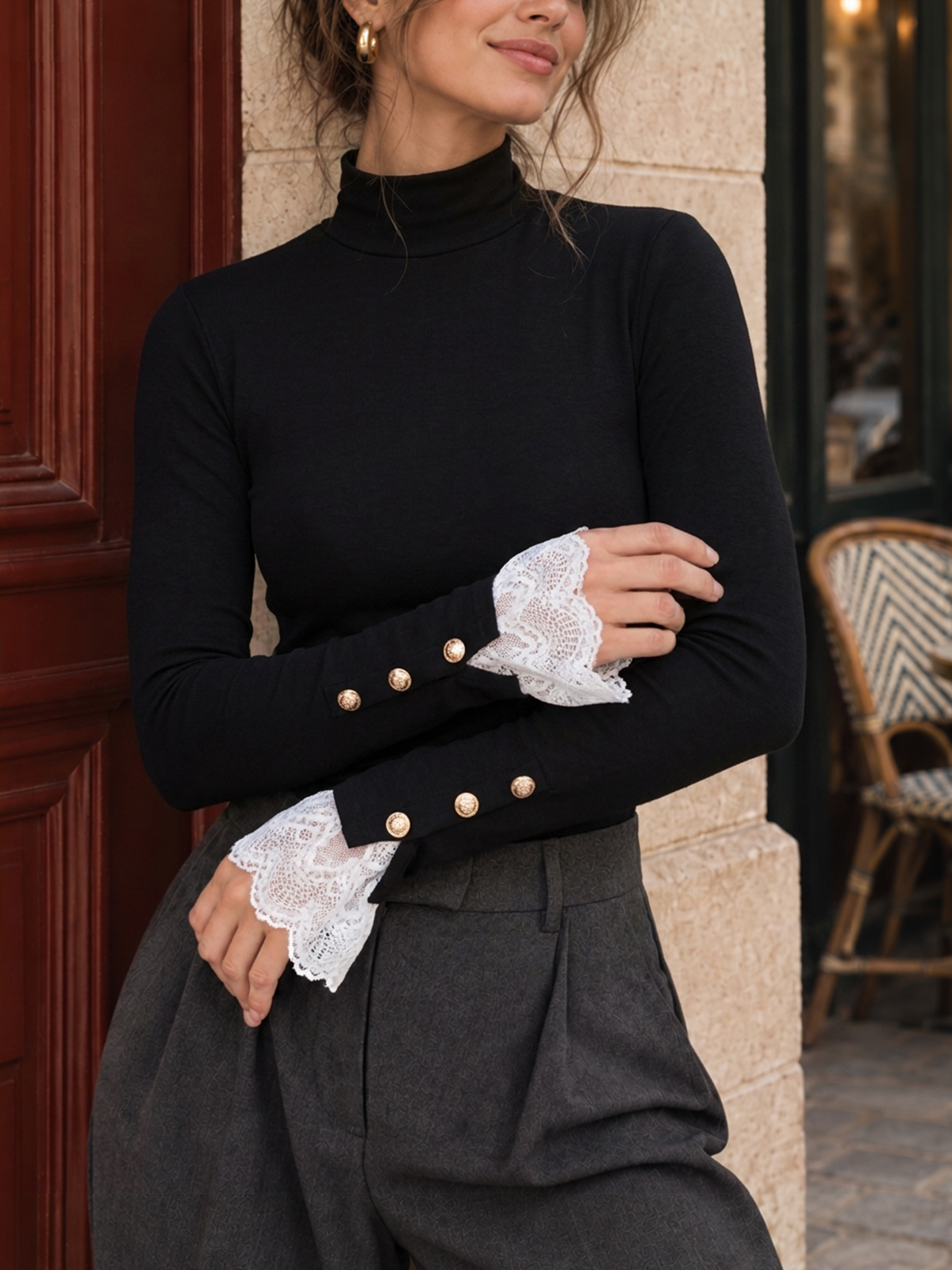 Lace Flare Cuff Mock Neck Top