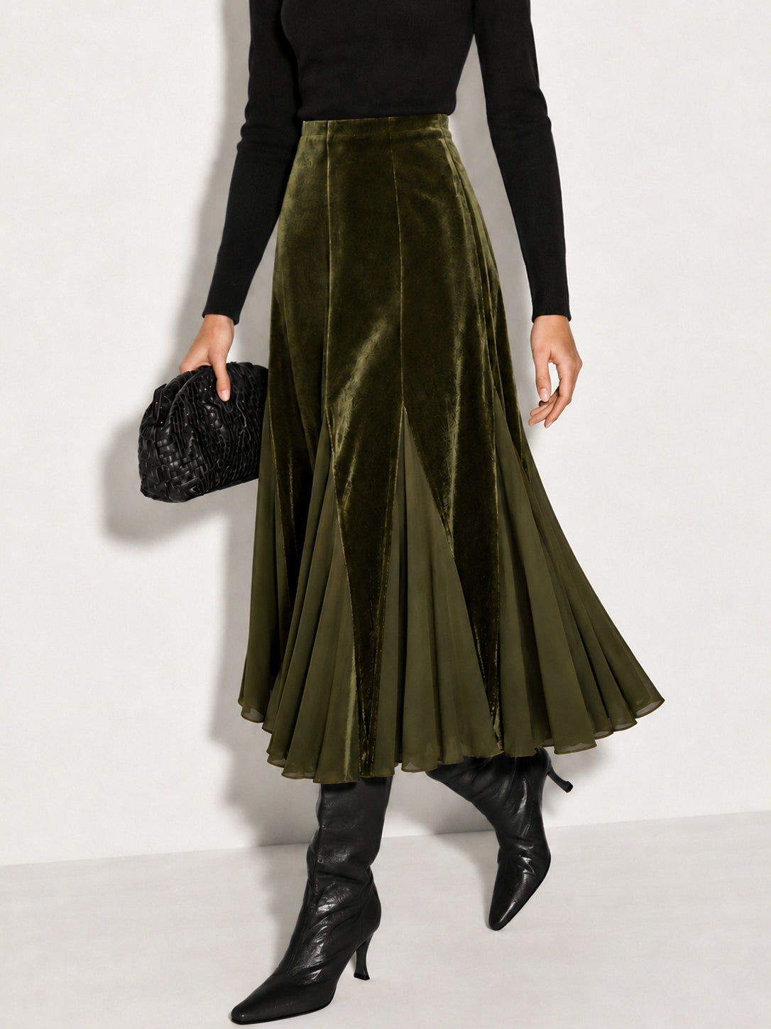 Velvet Chiffon Panel Maxi Skirt