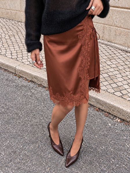 Lace Trim Tie Side Satin Midi Skirt | COMMENSE