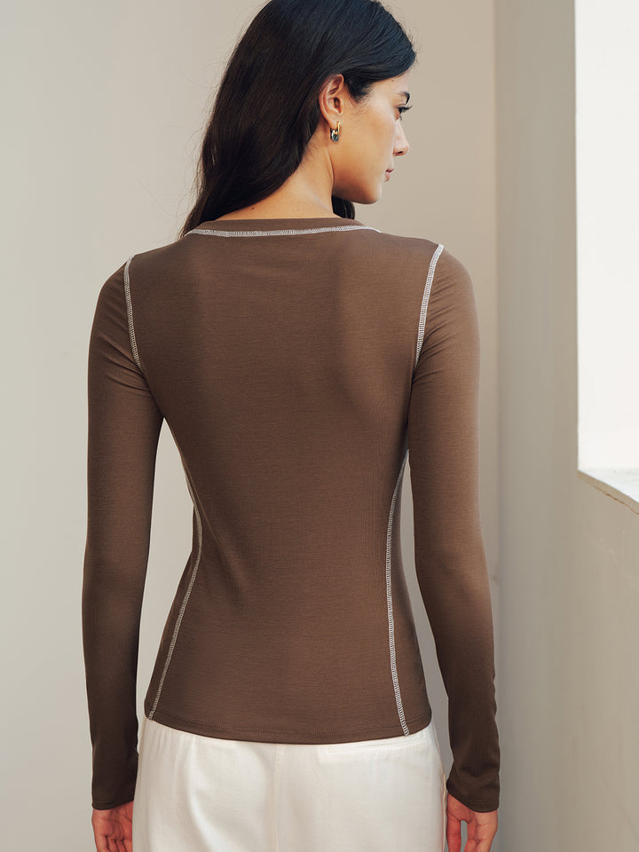 Contrast Stitch Slim Long Sleeve Top | COMMENSE