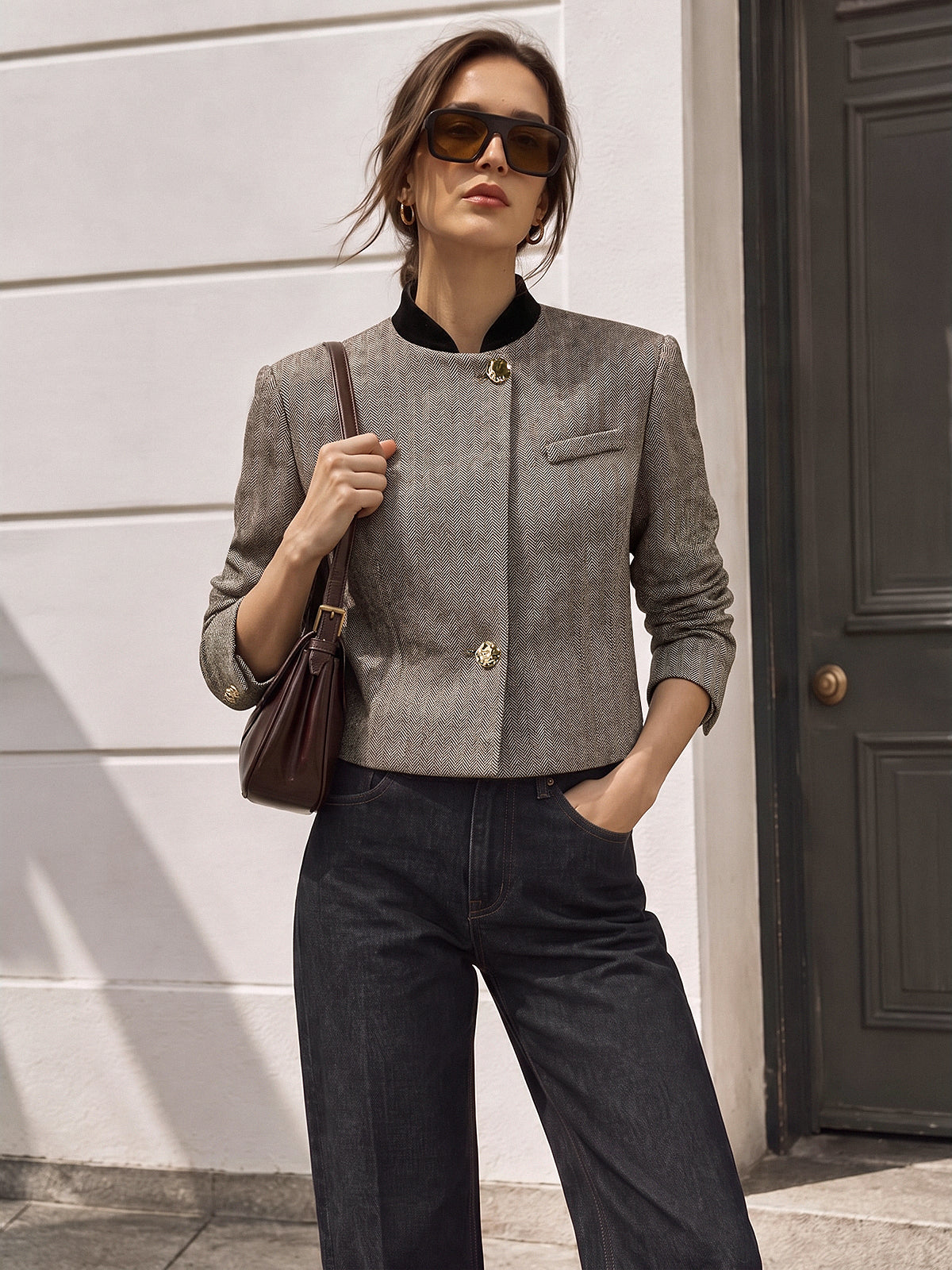 Two Way Collar High Wool Blend Blazer | COMMENSE