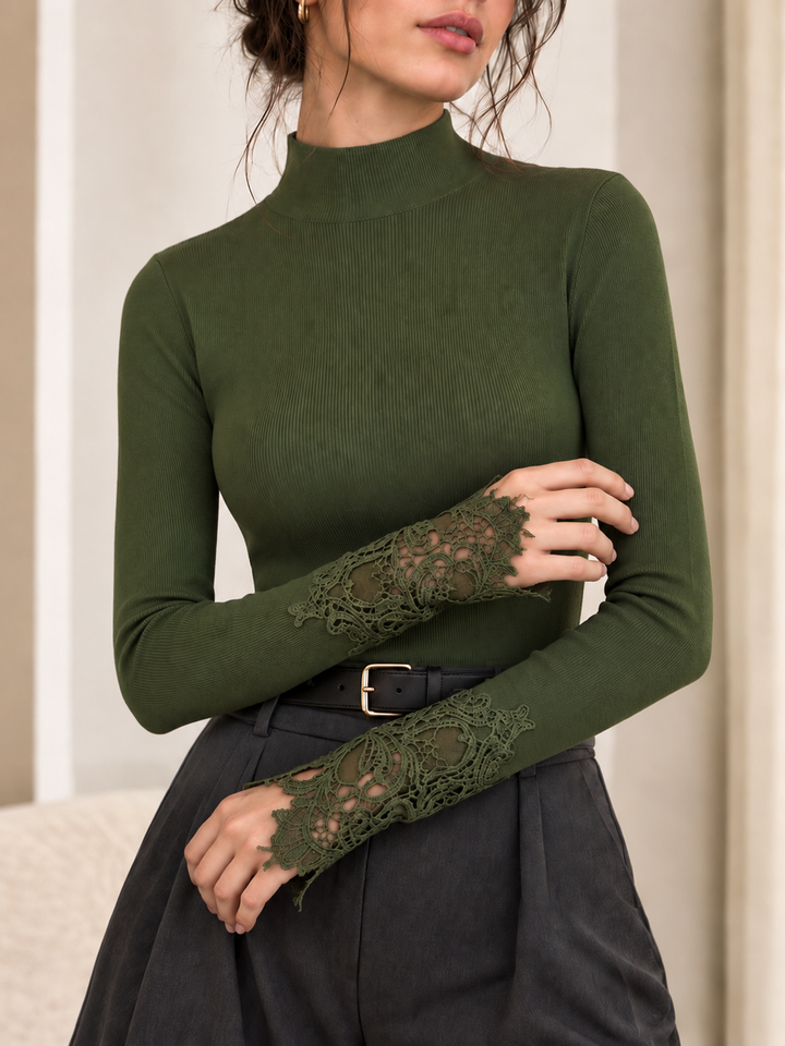 Lace Cuff Mock Neck Knit Top | COMMENSE