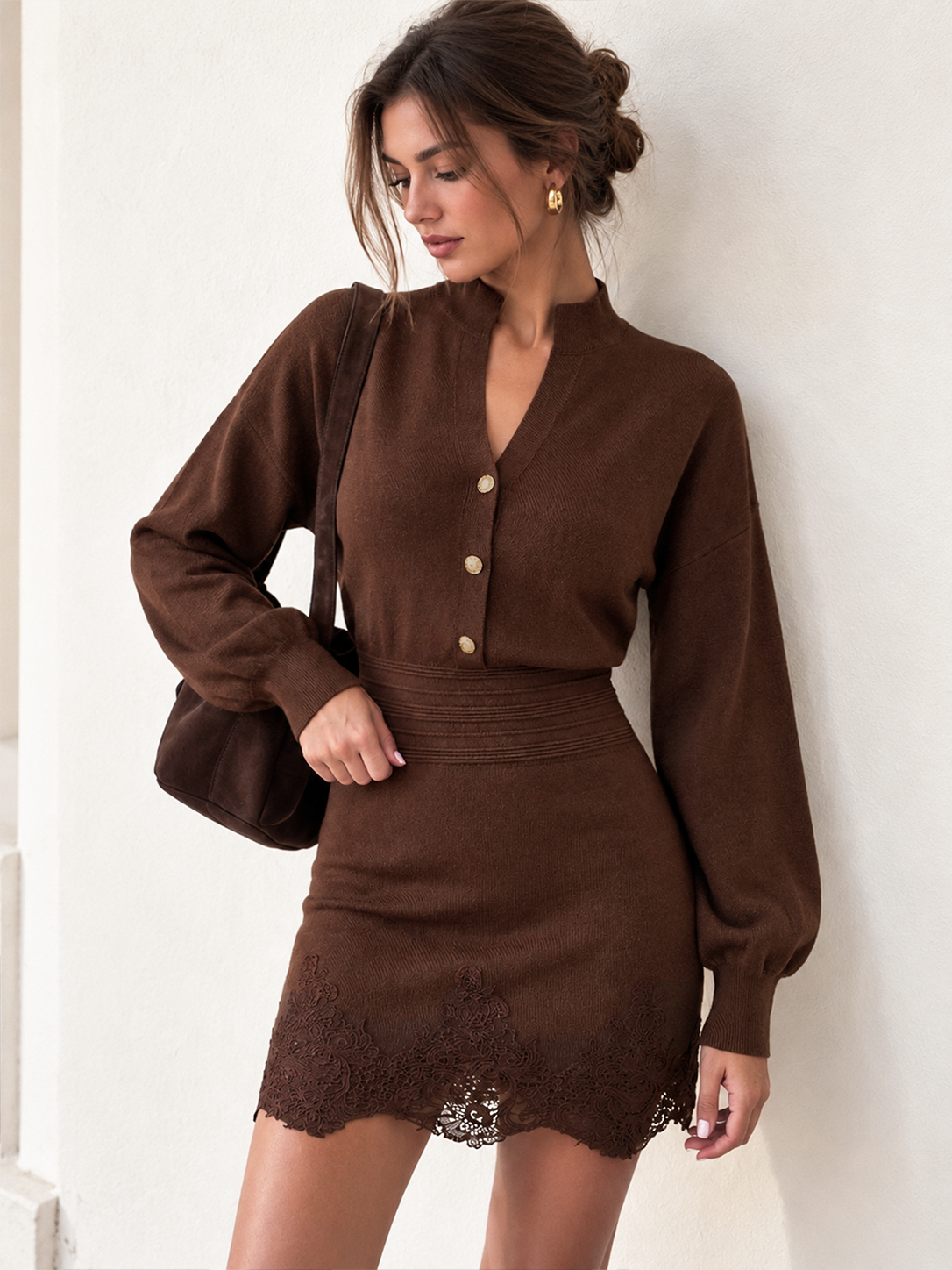 Lace Hem Wool Blend Knit Mini Dress