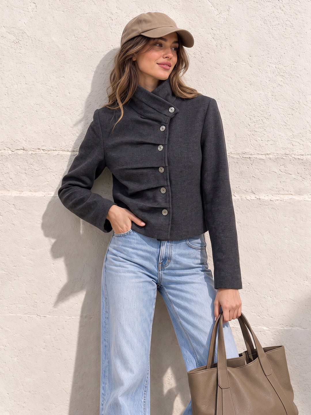 Asymmetrical Button Ruched Top | COMMENSE