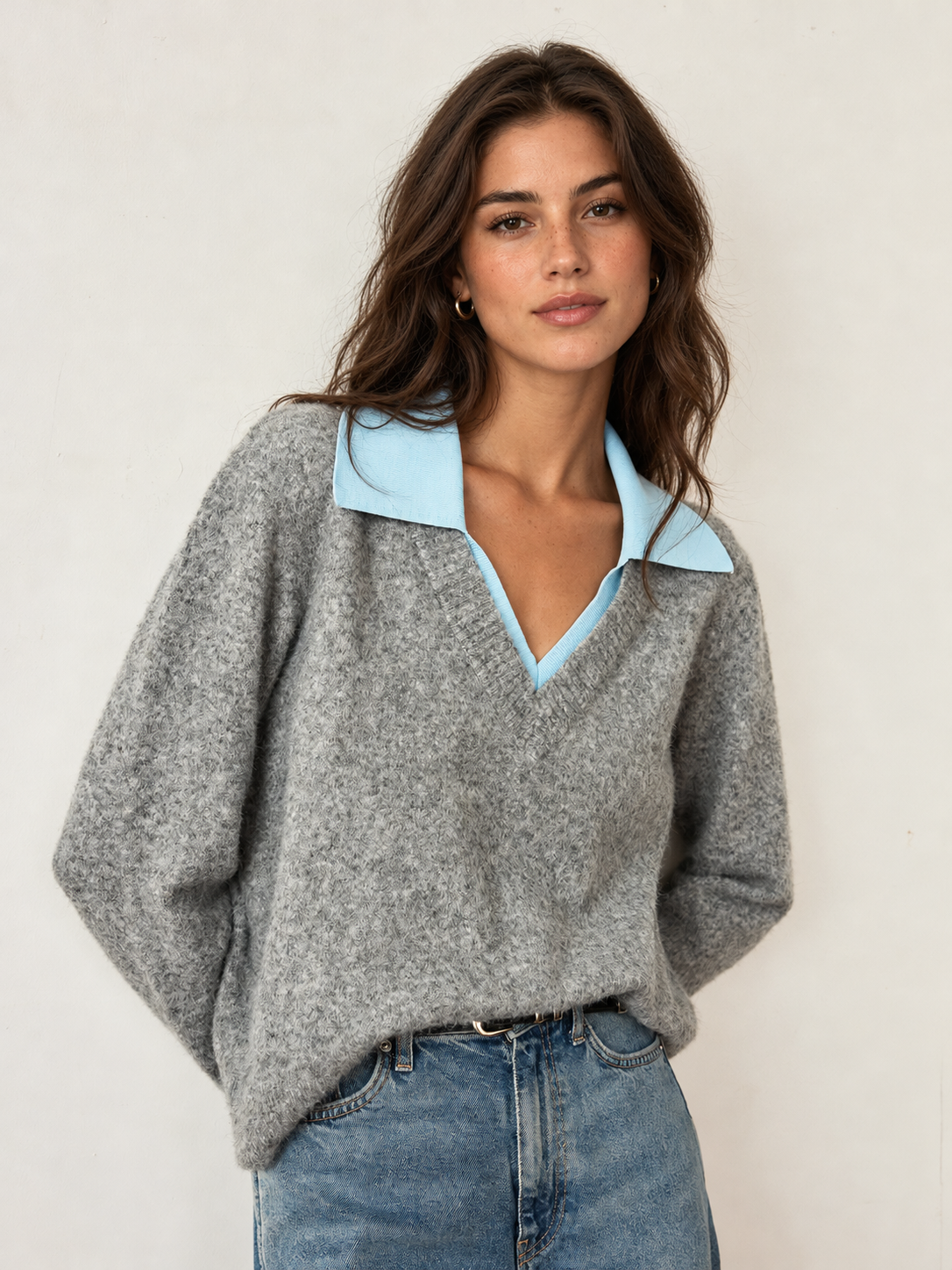 Contrast Collar Wool Blend Sweater