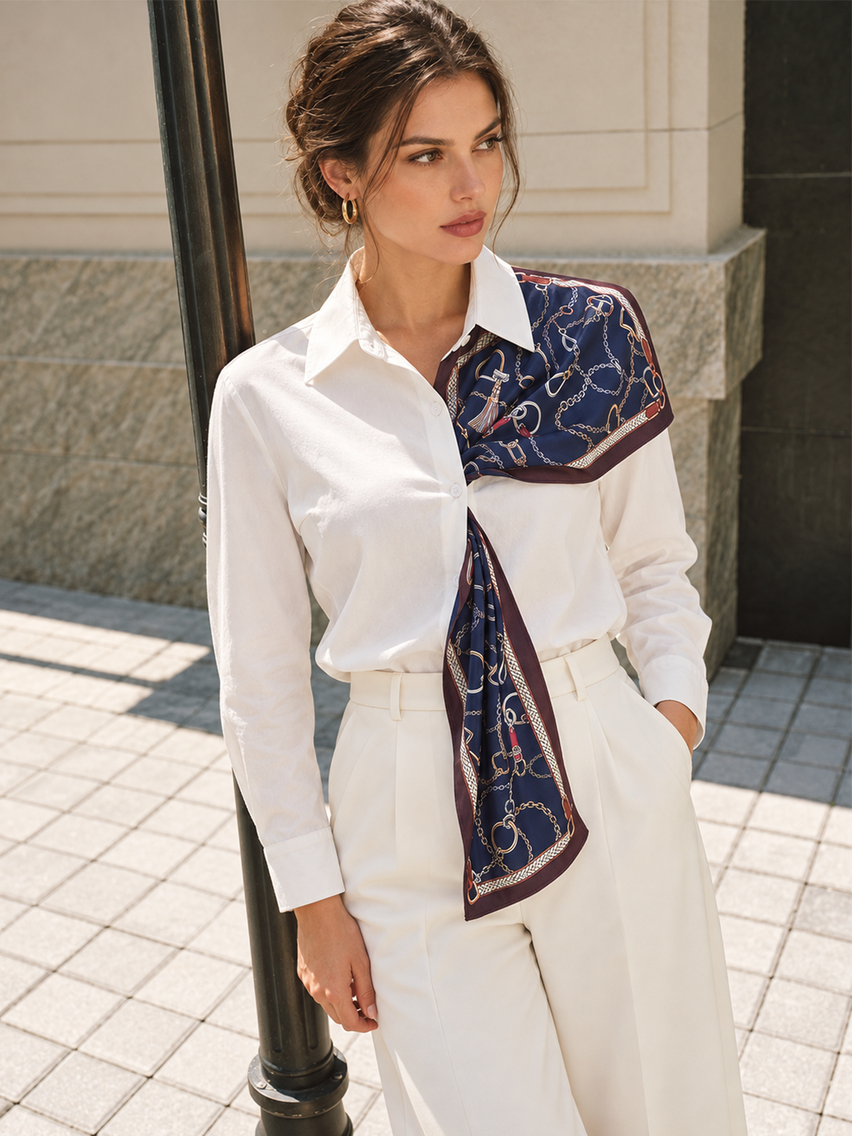 Chain Print Scarf Detail Cotton Shirt | COMMENSE