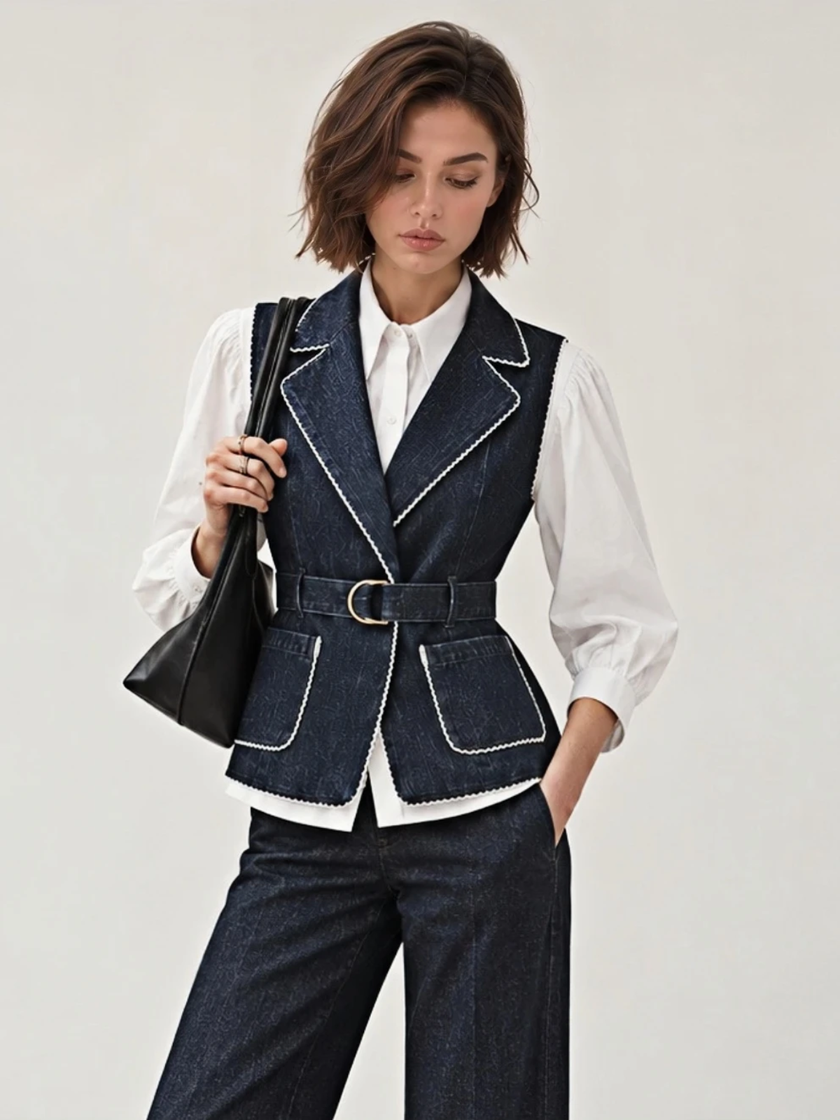 Stitch Trim Belted Denim Blazer Vest | COMMENSE