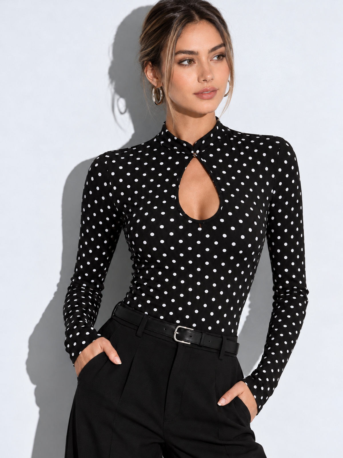 Polka‑Dot Keyhole Neck Long‑Sleeve Bodysuit | COMMENSE