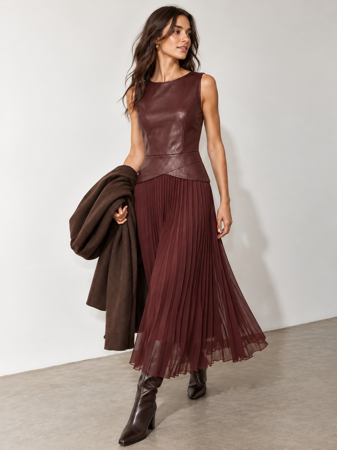 Faux Leather Pleated Midi Dress