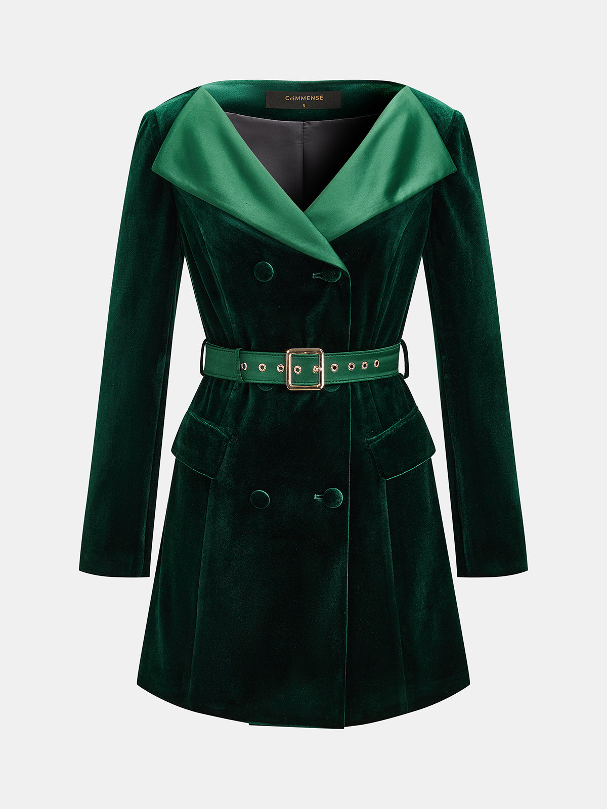 Belted Satin Lapel Double Breasted Velvet Mini Dress | COMMENSE