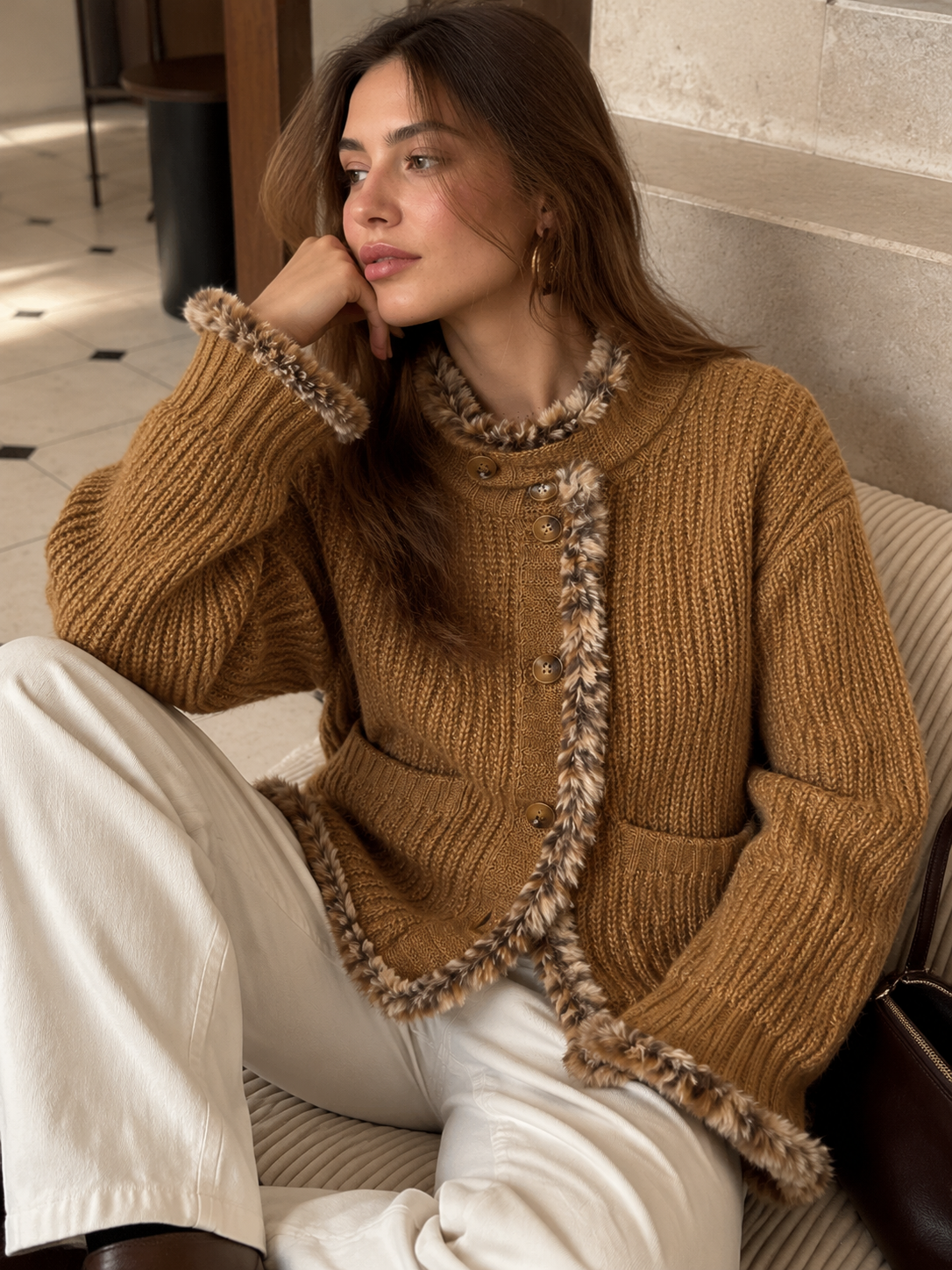 Fuzzy Trim Chunky Knit Cardigan | COMMENSE