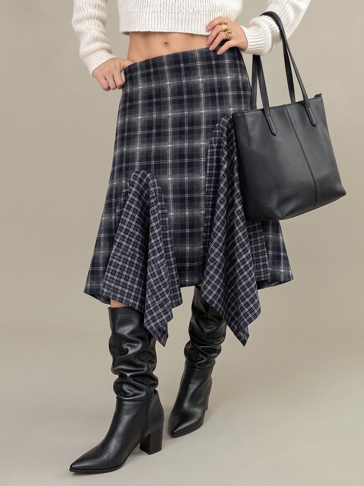Header Bparder Plaid Asymmetrical Ruffle Midi Skirt | COMMENSE