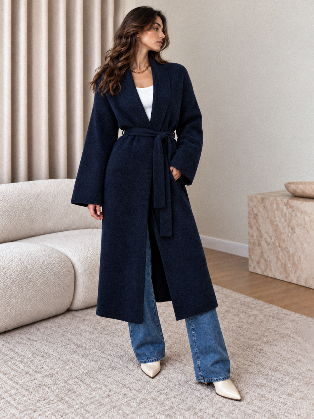 Ribbed V‑Neck Belted Long Knit Robe Cardigan | COMMENSE