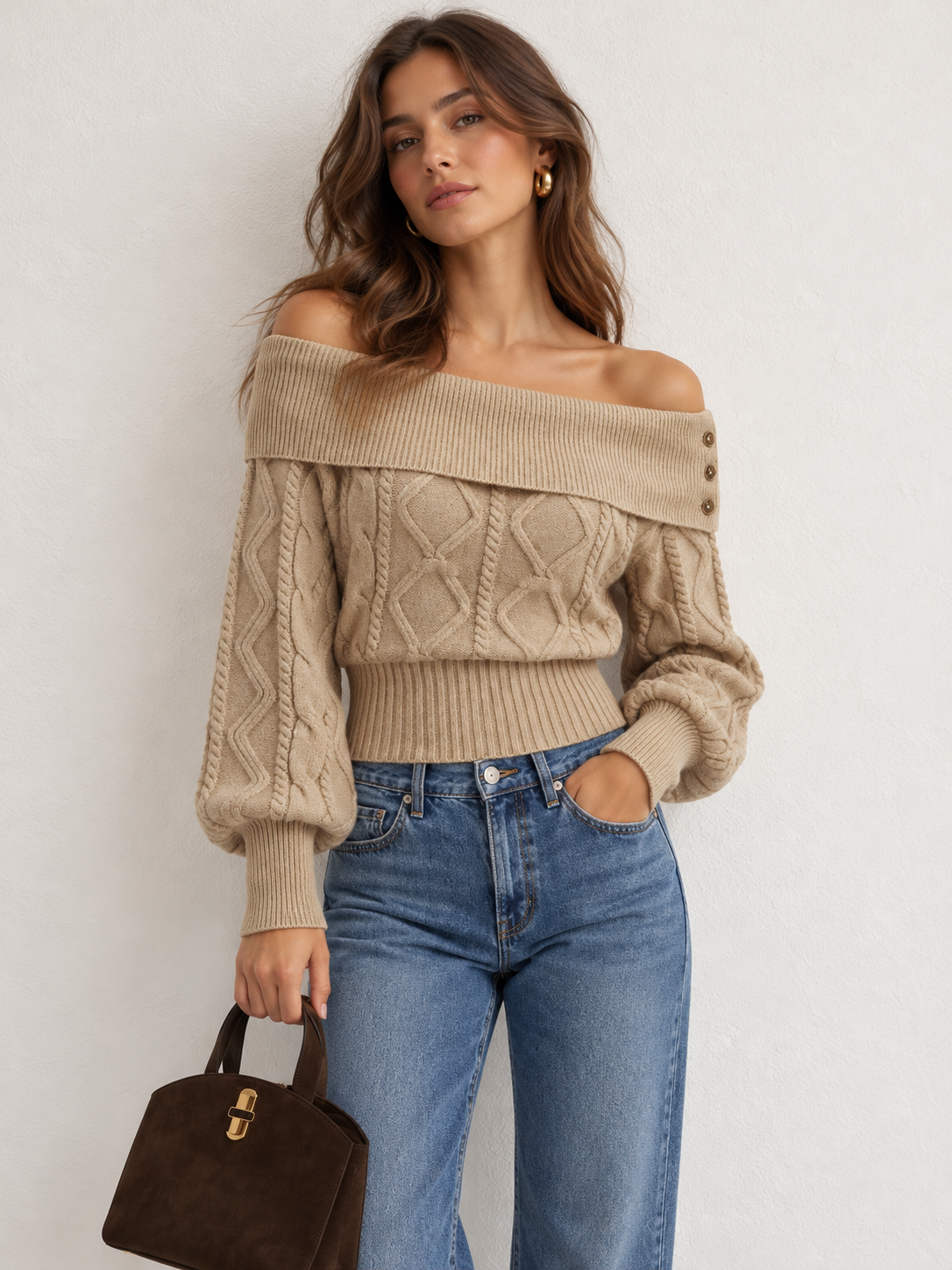 Off Shoulder Cable Knit Sweater | COMMENSE