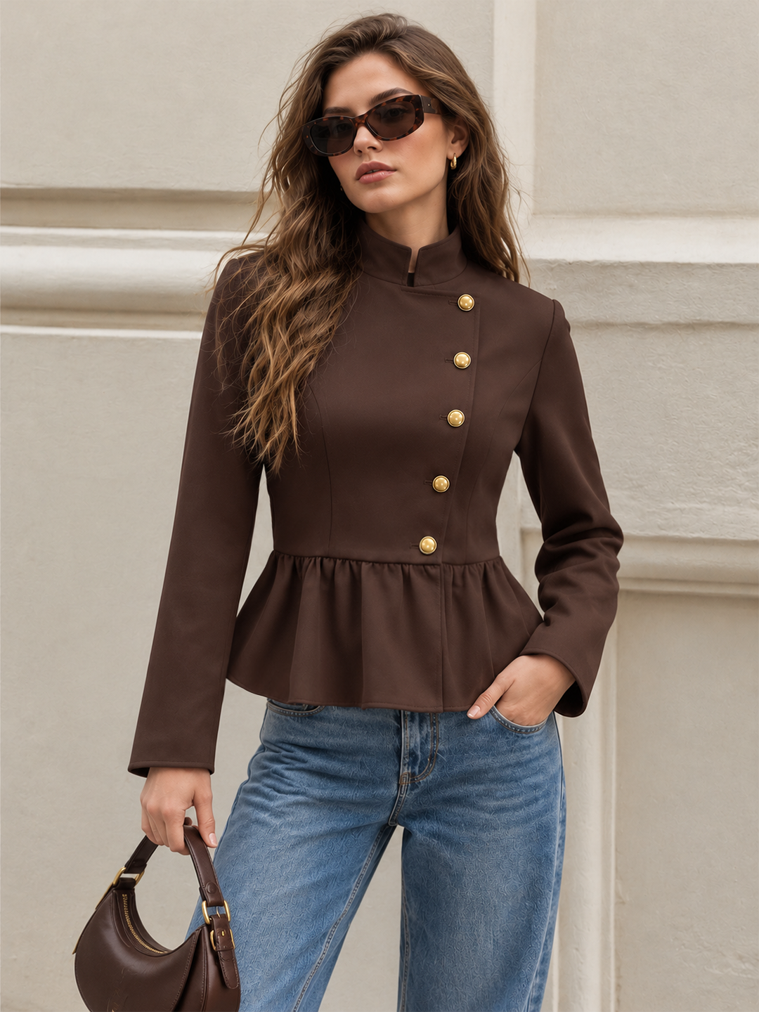 Asymmetric Metal Button Peplum Jacket | COMMENSE