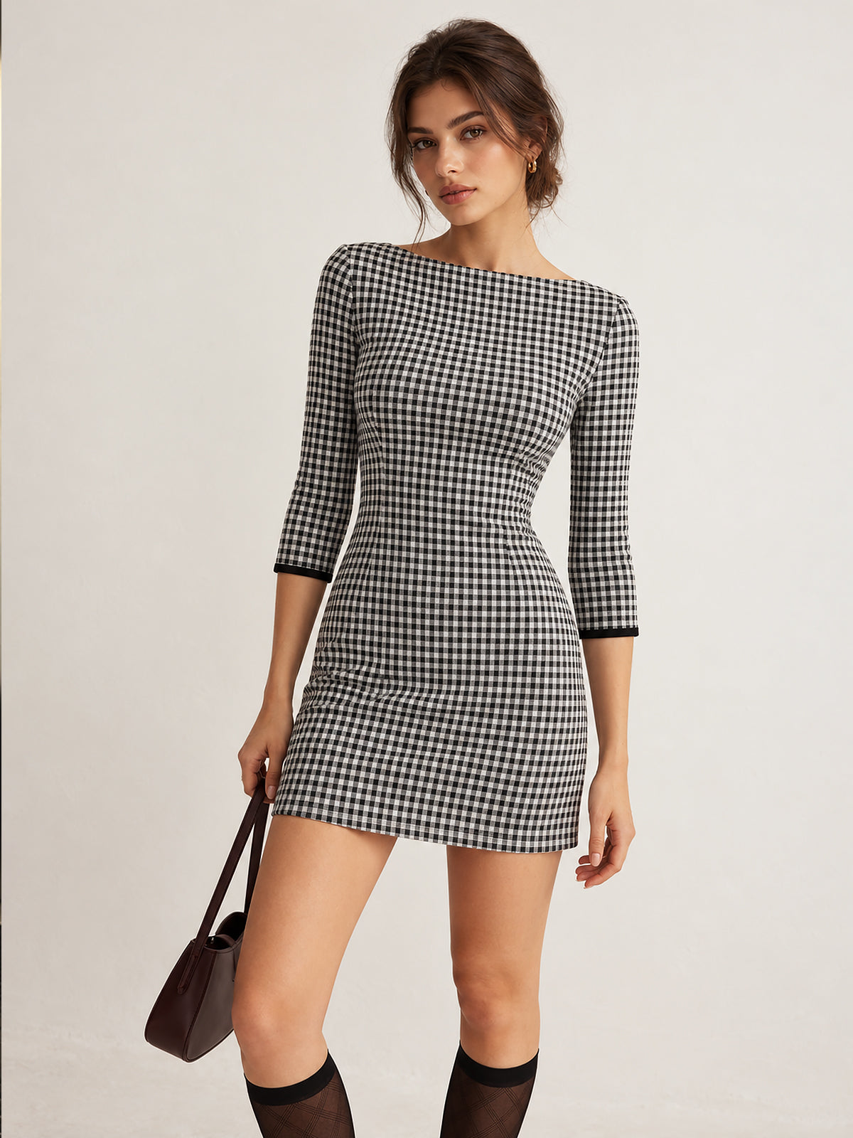 Gingham 3/4 Sleeve Mini Dress | COMMENSE