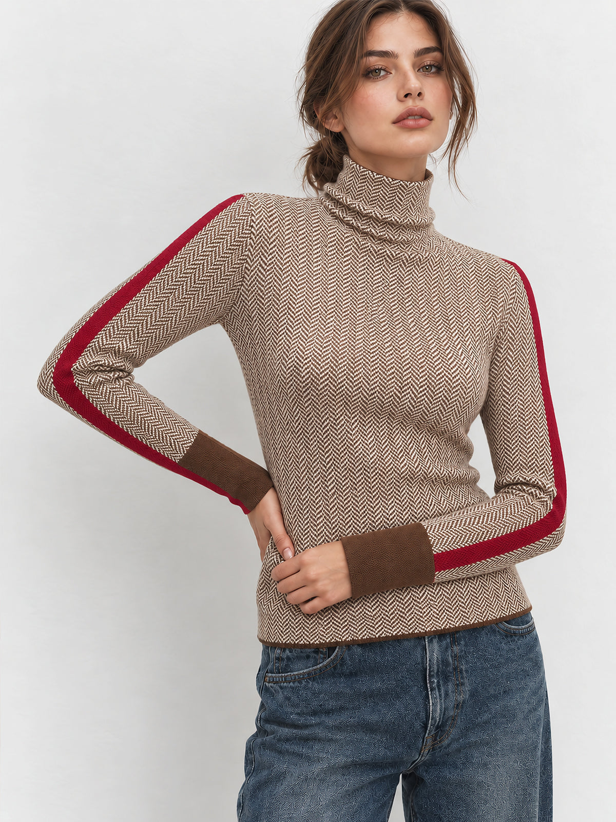 Herringbone Color Block Turtleneck Knit Top | COMMENSE