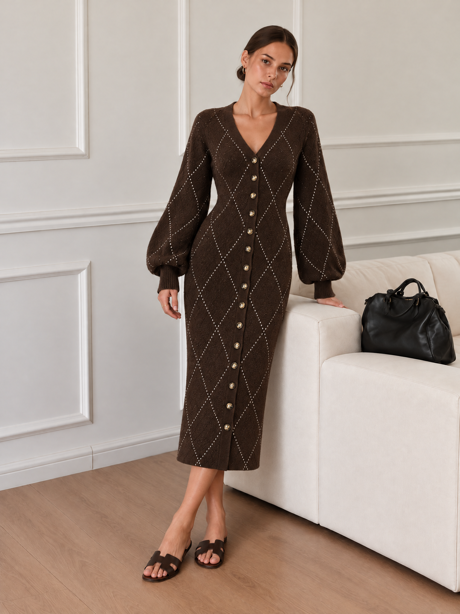 Argyle Button Front Knit Long Cardigan | COMMENSE