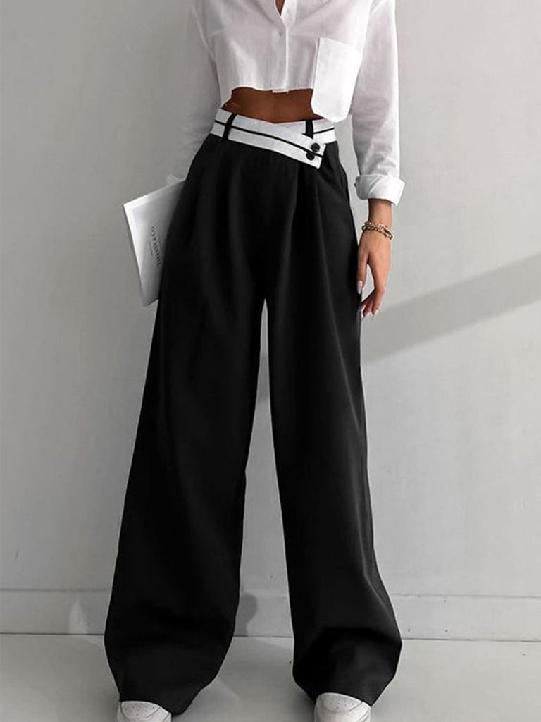 Commence Black White Asymmetrical Contrast Waistband Wide Leg