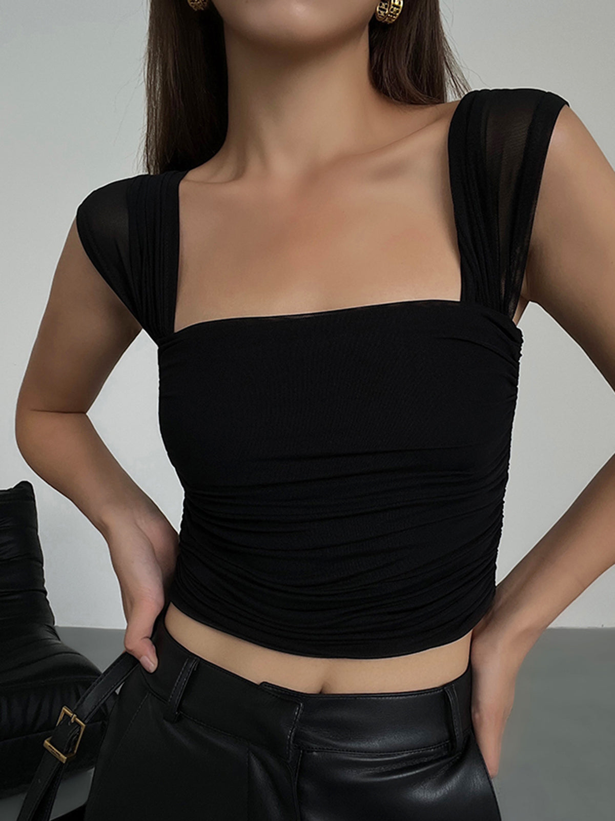 Mesh Ruched Crop Tank Top