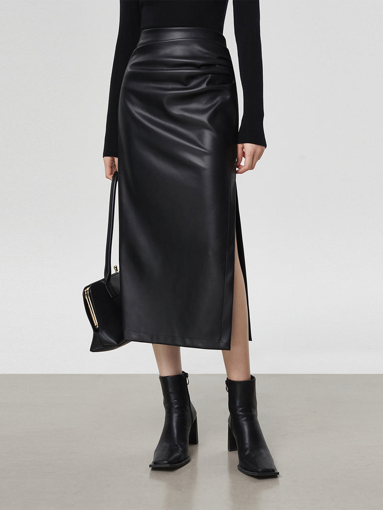 Faux Leather Ruched Slit Midi Skirt – COMMENSE