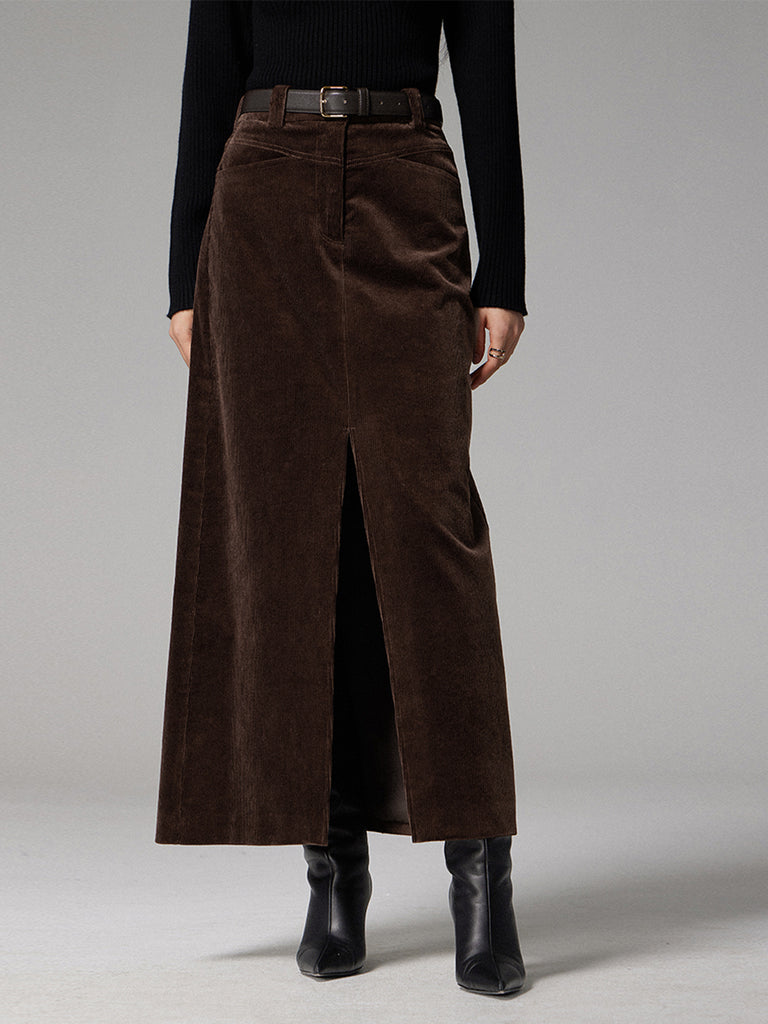 ★関税/送料込★Rest&Recreation★CORDUROY MAXI SKIRT Elastic Waist Casual Corduroy Maxi Skirt, Brown Corduroy