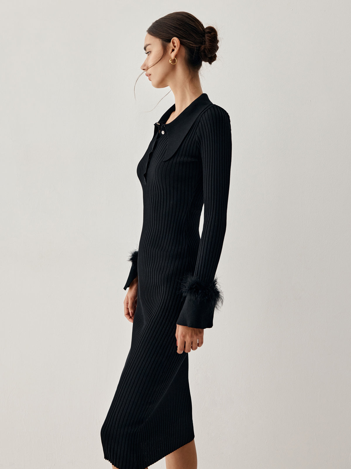 Open Collar Fuzzy Hem Long Sleeve Midi Sweater Dress – COMMENSE