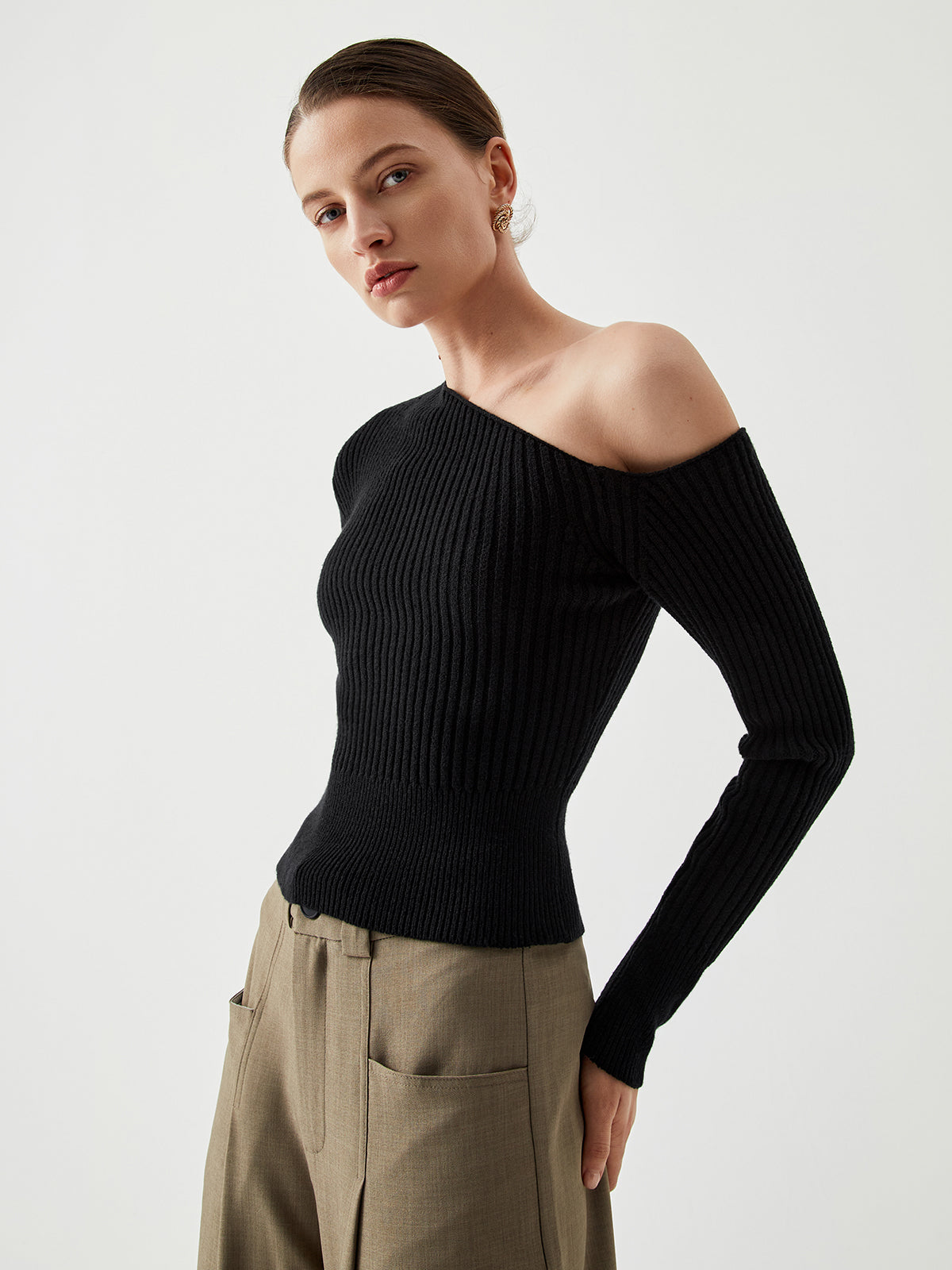 One Shoulder Long Sleeve Ribbed Pullover Sweater – COMMENSE
