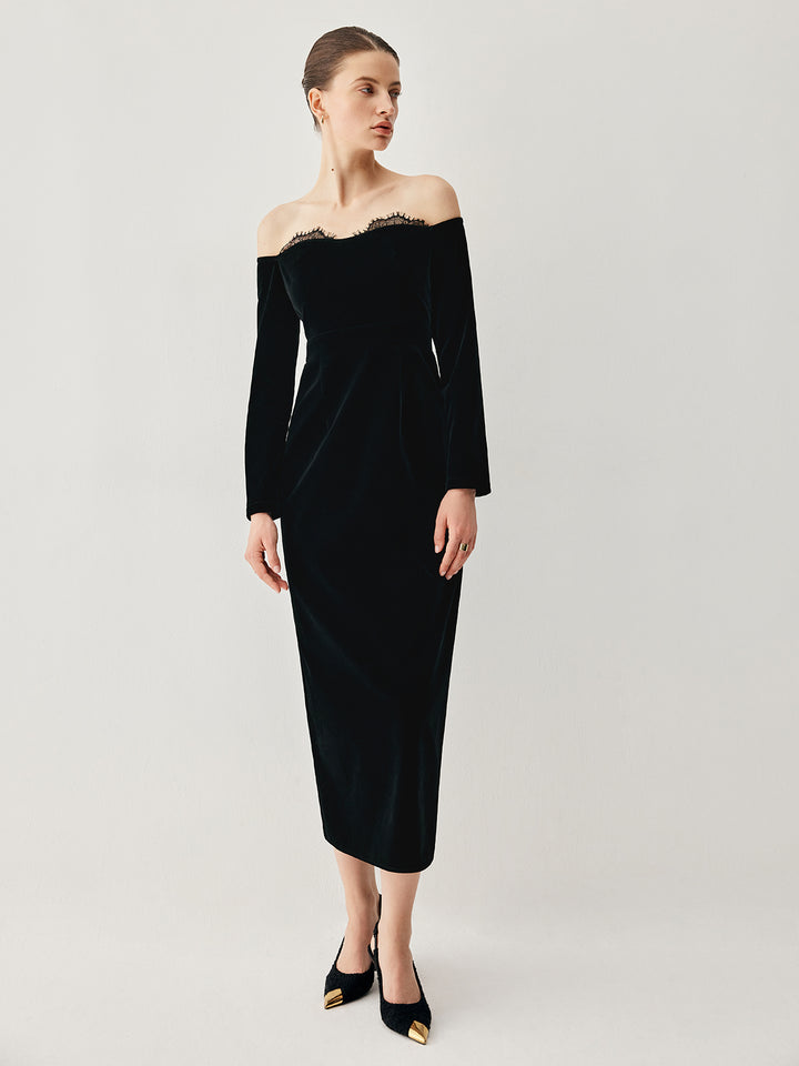 【mnem】Scarf Velvet Off Shoulder One Piece SSPbridal Off Shoulder Velvet Prom Dresses Mermaid Long