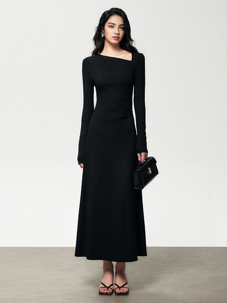 Ribbed Knit Asymmetric Long Sleeve Bodycon Long Dress Ribbed Knit Asymmetric Long Sleeve Bodycon Long Dress