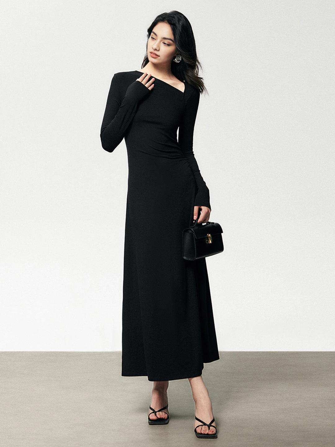 black long sleeve ruched asymmetric knitted dress Ribbed Knit Asymmetric Long Sleeve Bodycon Long Dress